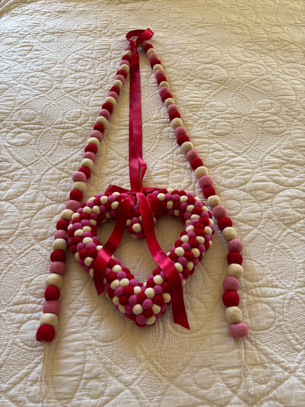 Pink and Cream Felt Heart Wreath with Detachable Hanging Ribbon & Felt Garland